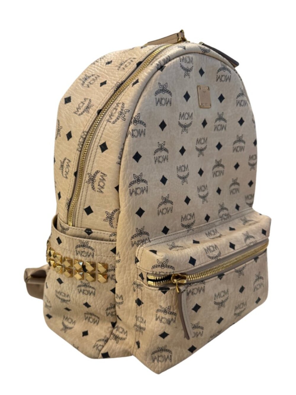MCM Stark Side Studs Backpack Beige Visetos Monogram Gold Studs + Dust Bag